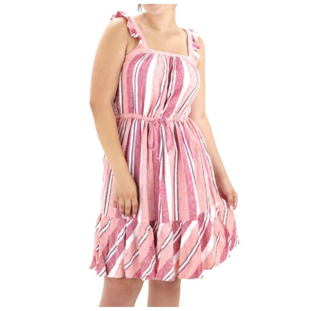 Universal‎ Thread Boho Dress NWT XL Pink Stripes Stretch Tied Waist Ruffles.E86